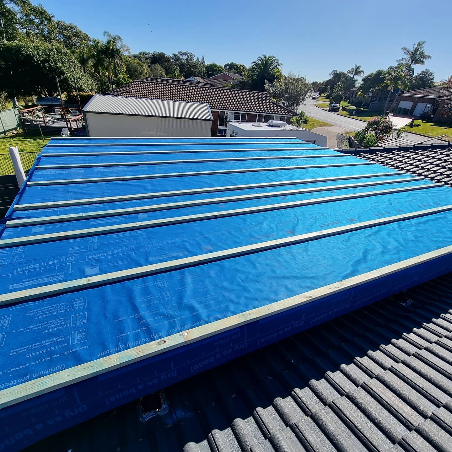 New roof with battens and waterproof membrane installed