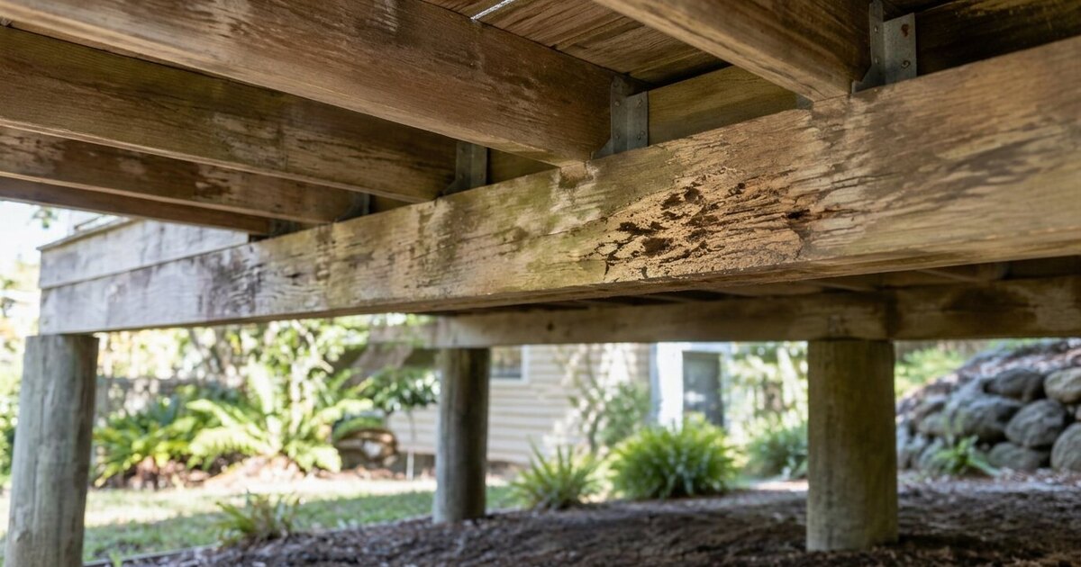Termite damage visible across a weathered timber deck bearer on a Central Coast home