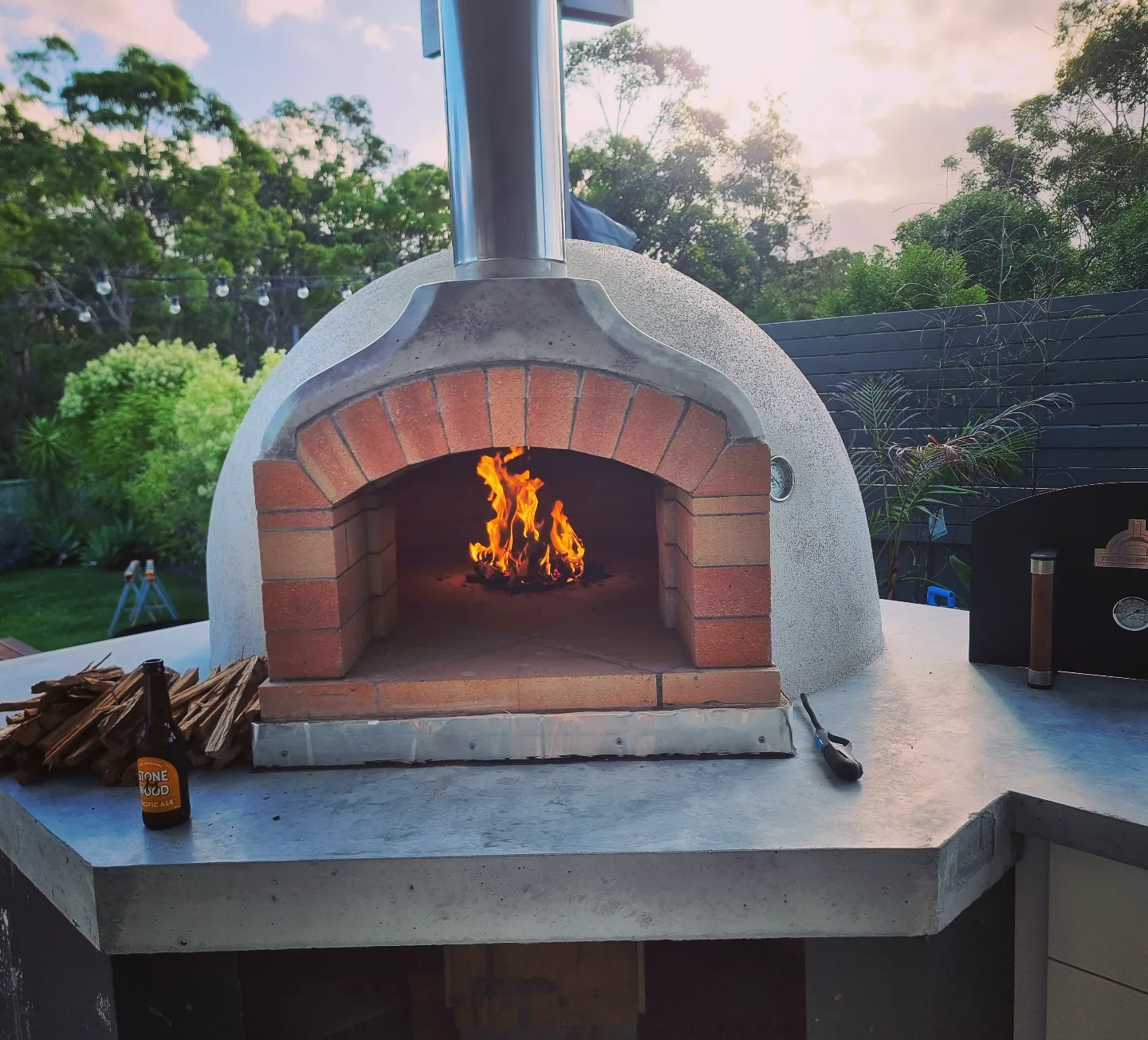 Backyard wood-fired pizza oven with fire