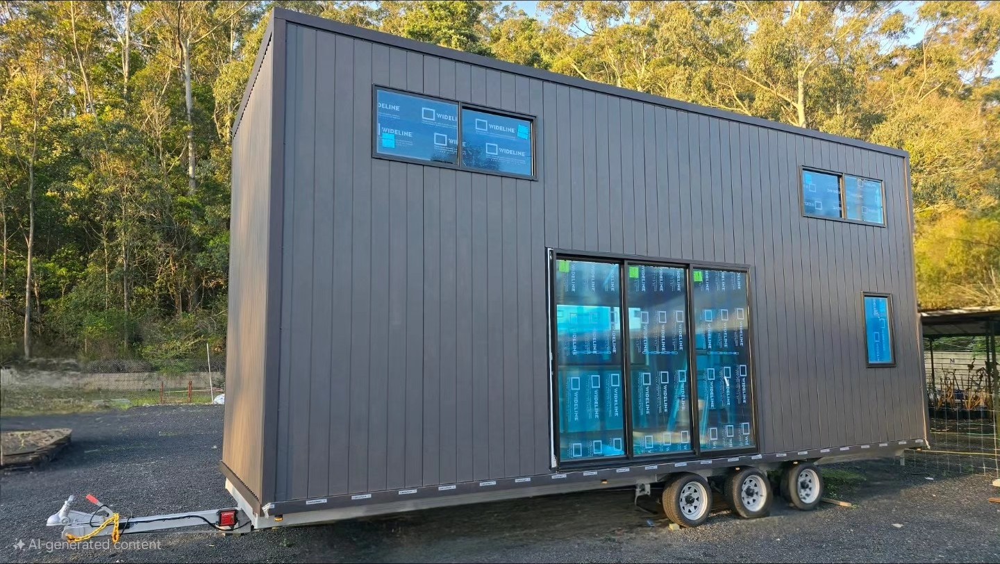 Tiny home on trailer with dark cladding and large windows
