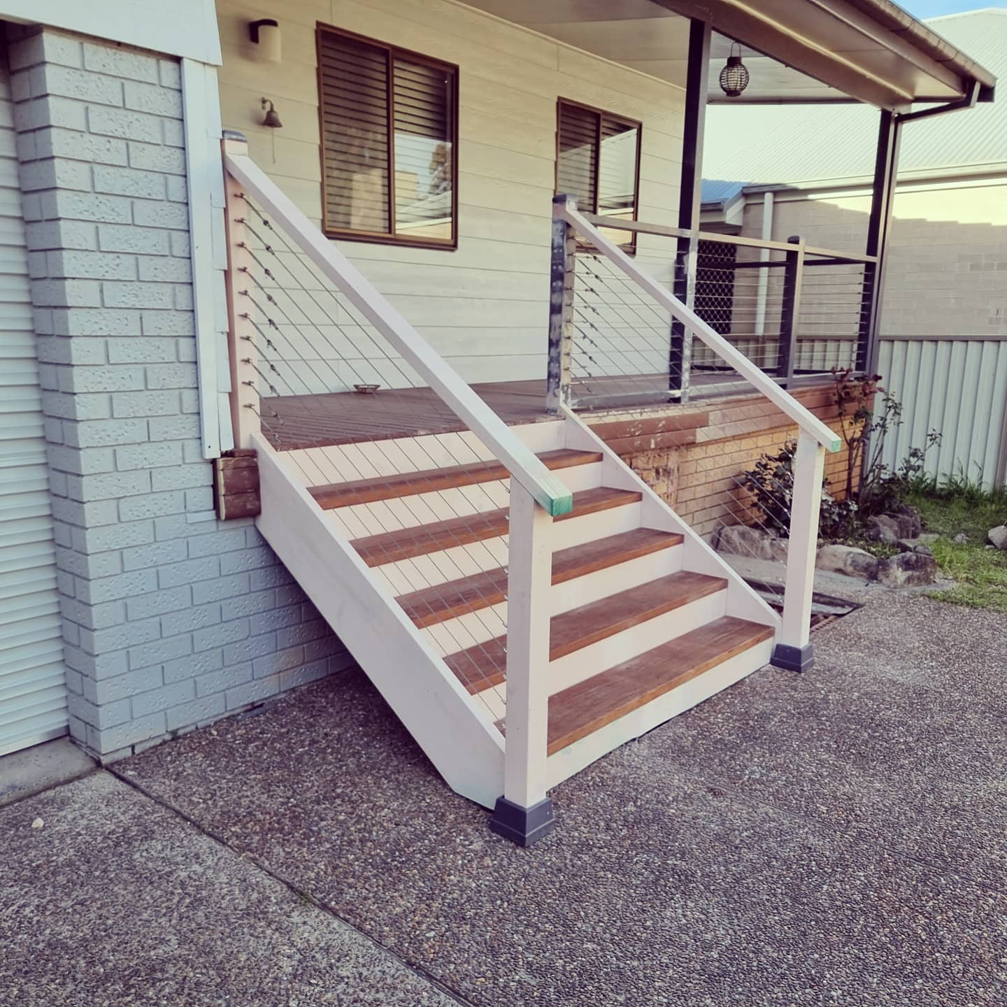Timber deck stairs with cable balustrade